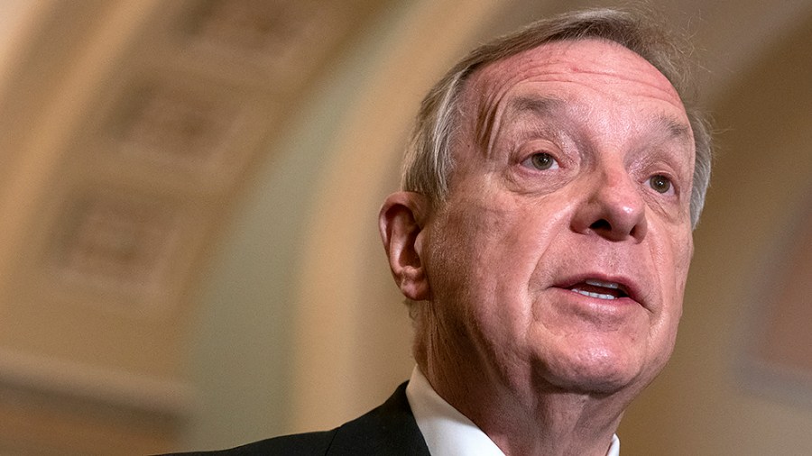 Sen. Richard Durbin (D-Ill.) addresses reporters after the weekly policy luncheon on Tuesday, February 15, 2022.