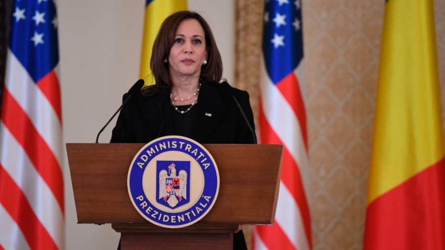 Vice President Kamala Harris holds a press conference following a meeting with Romanian President Klaus Iohannis at Cotroceni Palace in Otopeni, Romania