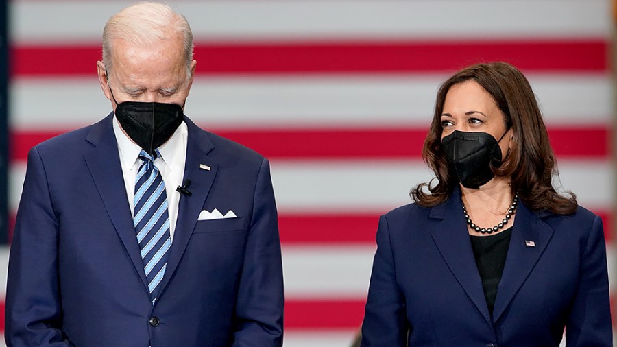 President Biden and Vice President Harris are seen during an event to sign an executive order regarding project labor agreements at Irownworks Local 5 in Upper Marlboro, Md., on Friday, February 4, 2022.