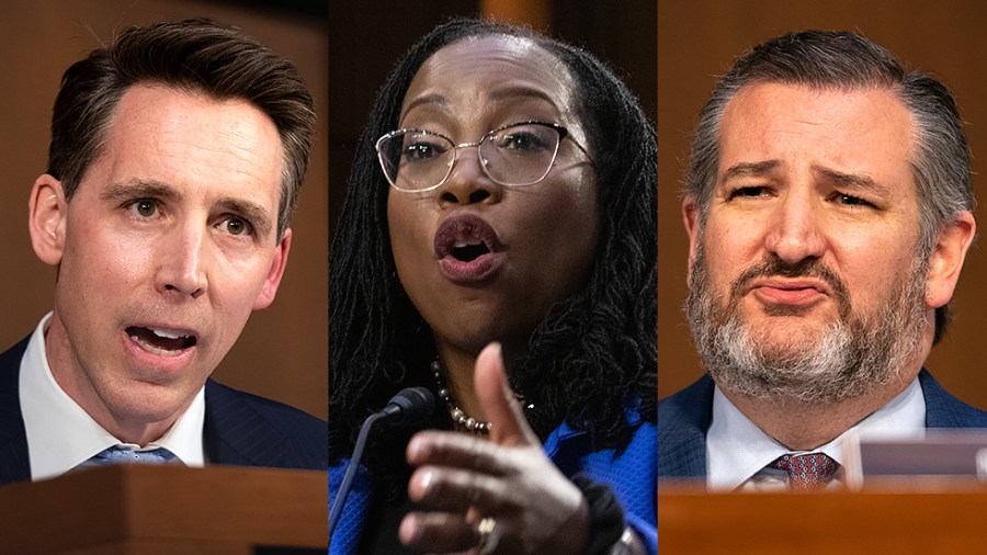 Sen. Josh Hawley (R-Mo.), Supreme Court nominee Ketanji Brown Jackson and Sen. Ted Cruz (R-Texas)