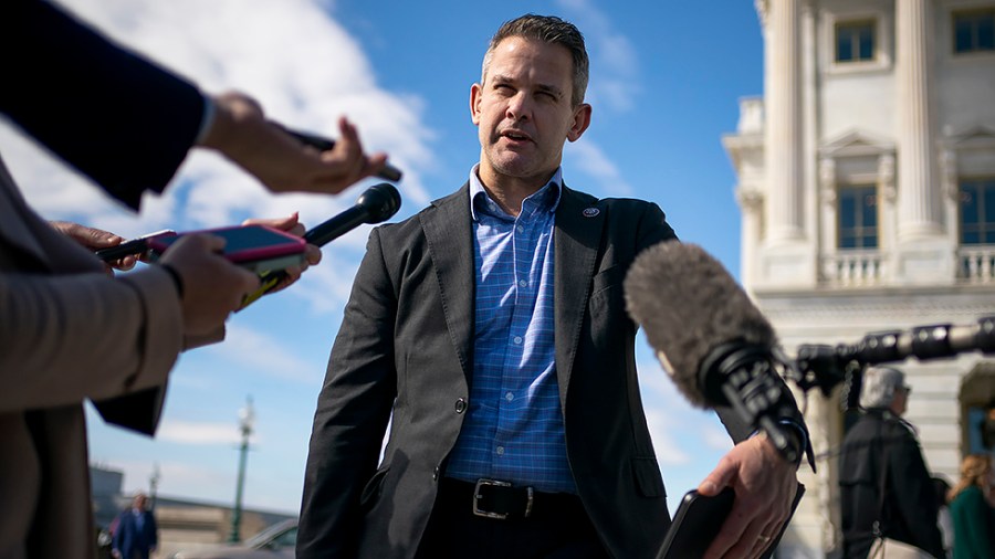 Rep. Adam Kinzinger (R-Ill.) speaks to reporters regarding the Jan. 6 select committee following the final vote of the week on Thursday, March 3, 2022.