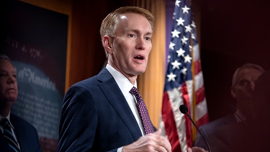 Sen. James Lankford (R-Okla.) speaks to reporters during a press conference with other Republican senators to discuss Russia’s invasion of Ukraine on Wednesday, March 2, 2022.