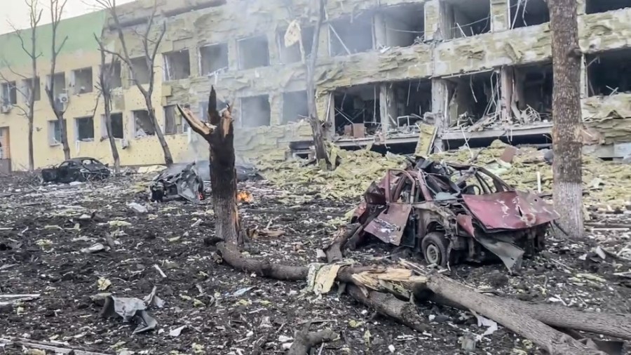 This image taken from video provided by the Mariupol City Council shows the aftermath of Mariupol Hospital after an attack