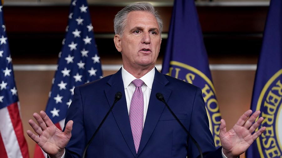 Minority Leader Kevin McCarthy (R-Calif.) addresses reporters during his weekly on-camera press conference on Wednesday, March 9, 2022.