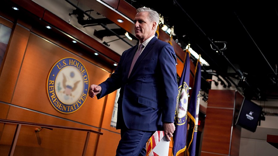 Minority Leader Kevin McCarthy (R-Calif.) leaves his weekly on-camera press conference with reporters on Wednesday, March 9, 2022.