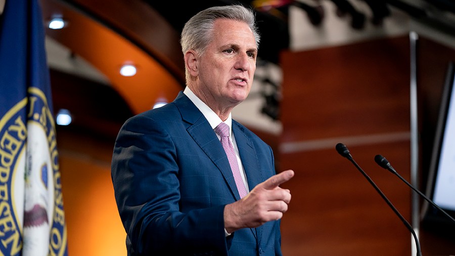 Minority Leader Kevin McCarthy (R-Calif.) addresses reporters during his weekly on-camera press conference on Friday, March 18, 2022.