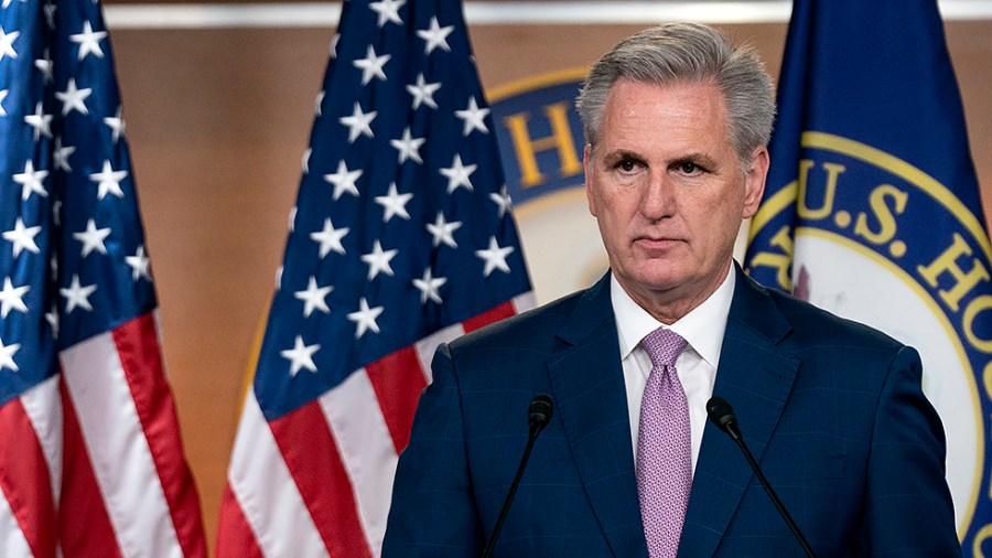 Minority Leader Kevin McCarthy (R-Calif.) addresses reporters during his weekly on-camera press conference on Friday, March 18, 2022.