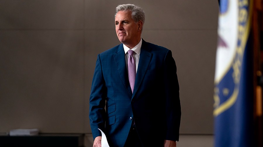 Minority Leader Kevin McCarthy (D-Calif.) arrives to his weekly on-camera press conference with reporters on Friday, March 18, 2022.