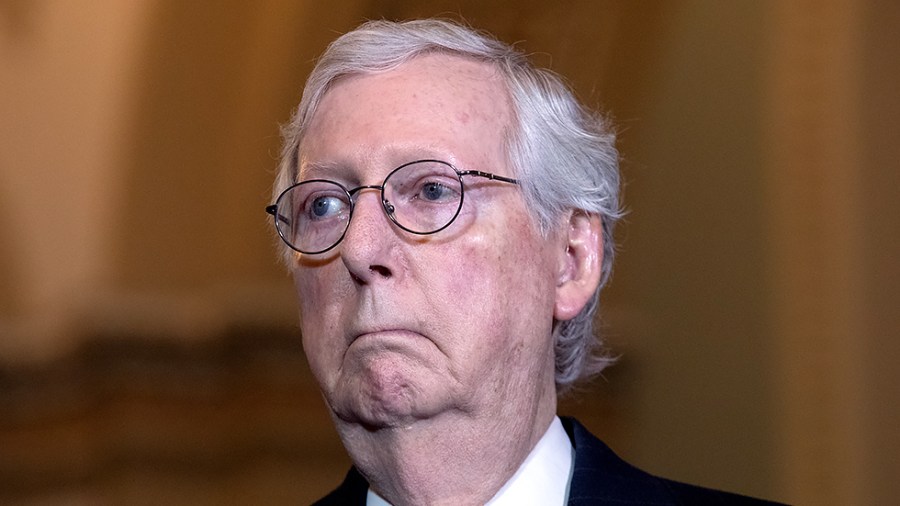 Minority Leader Mitch McConnell (R-Ky.) addresses reporters after the weekly policy luncheon on Tuesday, March 15, 2022.