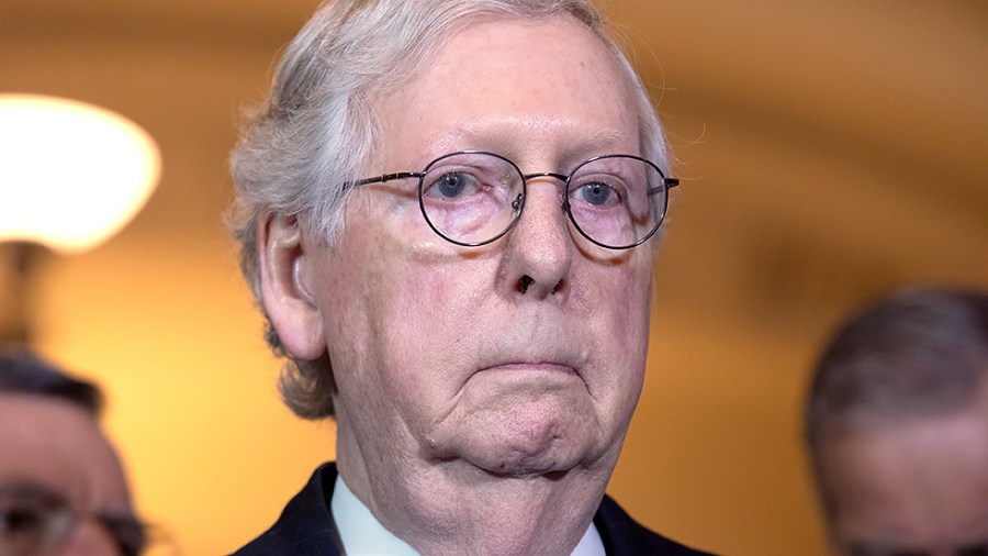 Minority Leader Mitch McConnell (R-Ky.) addresses reporters after the weekly policy luncheon on Tuesday, March 15, 2022.