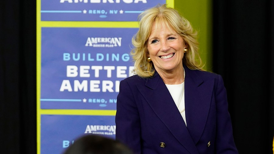 First lady Jill Biden smiles after touring the Pennington Heath Science Center