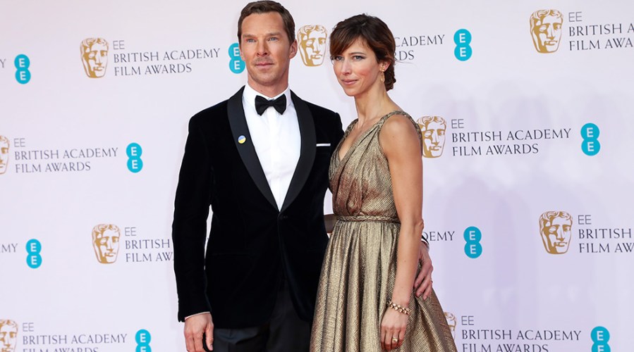 Benedict Cumberbatch and Sophie Hunter pose for photographers.