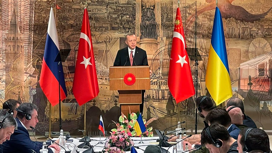 Turkish President Recep Tayyip Erdogan gives a speech to welcome the Russian and Ukrainian delegations