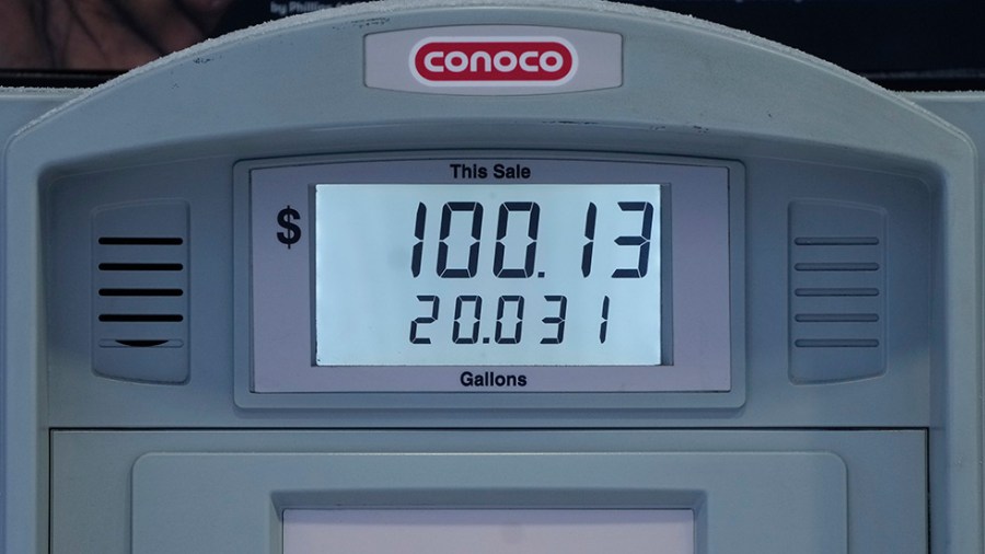 The price of a gasoline purchase is seen on a screen