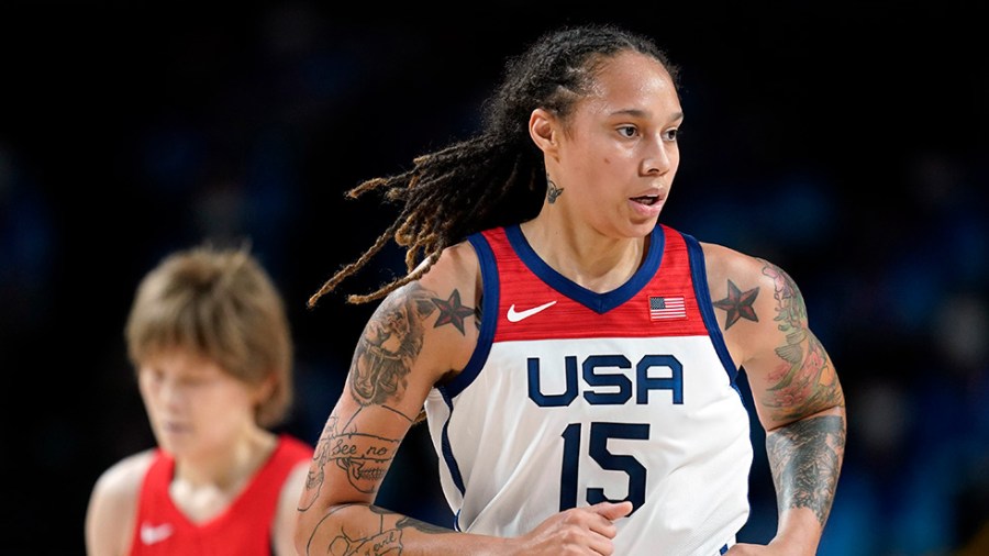 United States' Brittney Griner runs up court during women's basketball gold medal game against Japan