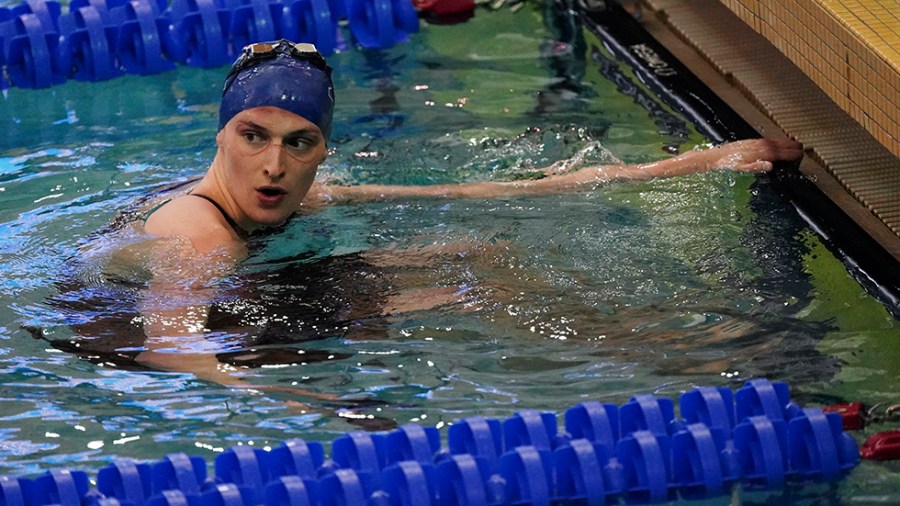 Pennsylvania's Lia Thomas waits for results after swimming the women's 200 freestyle final