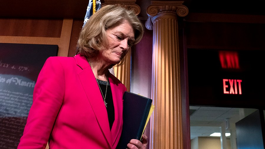 Sen. Lisa Murkowski (R-Alaska) leaves a press conference on Thursday, March 3, 2022 to introduce the Banning Russian Energy Imports Act.