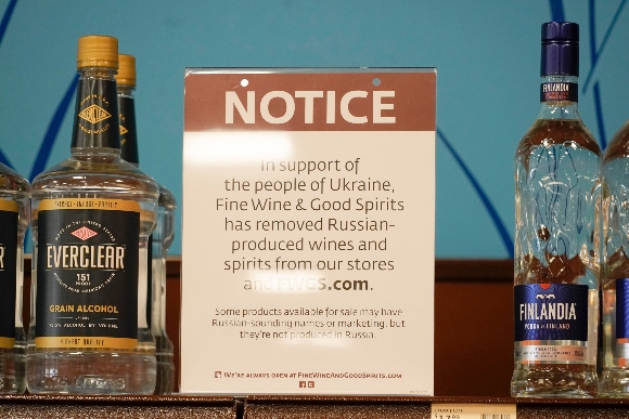 A sign in the vodka area of a Pennsylvania Fine Wine and Good Spirits store reflects the state's decision to withdraw Russian-made products for sale