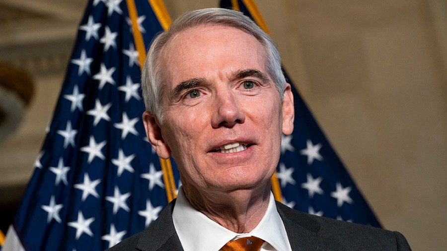 Sen. Rob Portman (R-Ohio) addresses reporters during a press conference on Wednesday, February 16, 2022 to discuss inflation during President Biden’s administration.