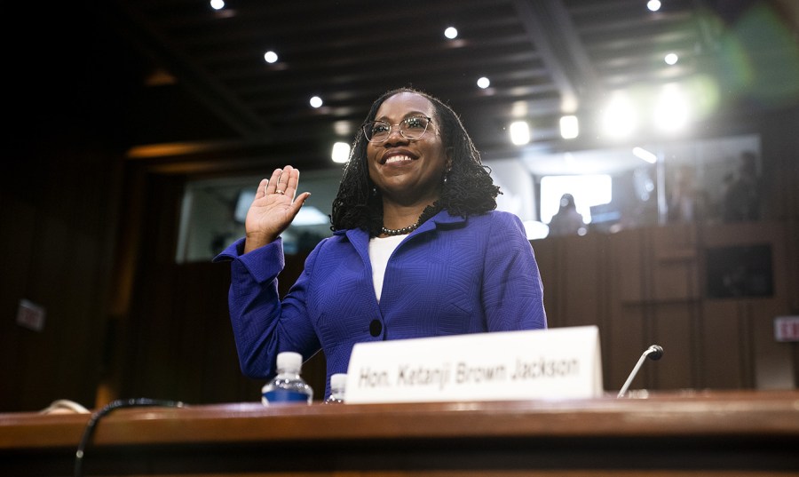 Supreme Court nominee Judge Ketanji Brown Jackson raises her hand in oath