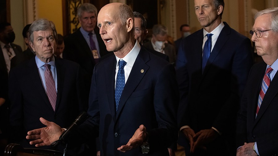 Sen. Rick Scott (R-Fla.) speaks during a Senate Republican Leadership News Conference on Capitol Hill on Tuesday, March1, 2022.