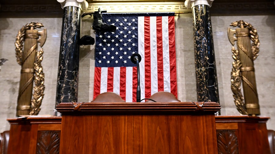 The podium where President Biden will give his State of the Union address at the US Capitol in Washington, D.C., on March 1, 2022.