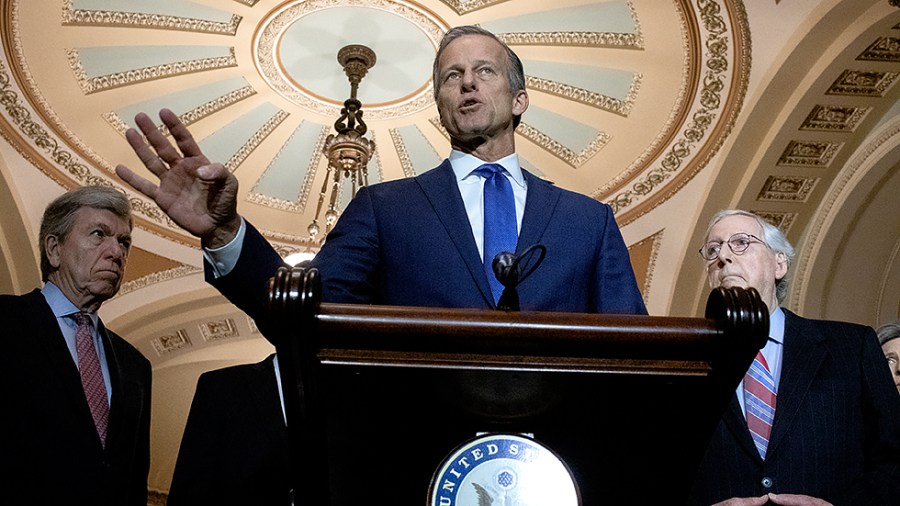 Sen. John Thune (R-S.D.) speaks during a Senate Republican Leadership News Conference on Capitol Hill on Tuesday, March1, 2022.