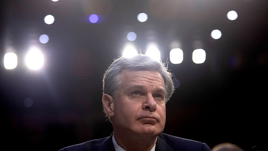 Christopher Wray, Director of the Federal Bureau of Investigation, during a Senate Intelligence Committee hearing examining worldwide threats on Thursday, March 10, 2022.