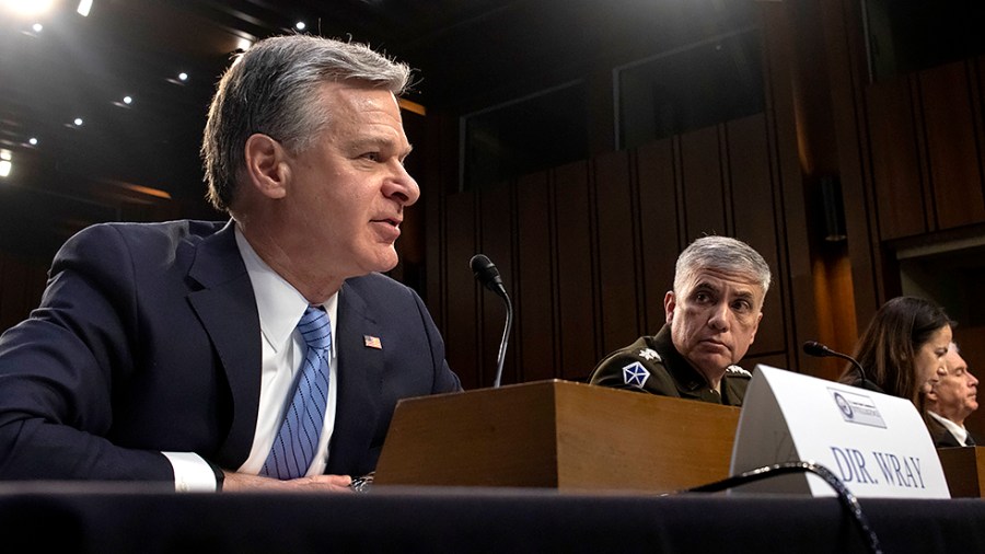 Christopher Wray, Director of the Federal Bureau of Investigation, speaks to the Senate Intelligence Committee during a hearing examining worldwide threats on Thursday, March 10, 2022.