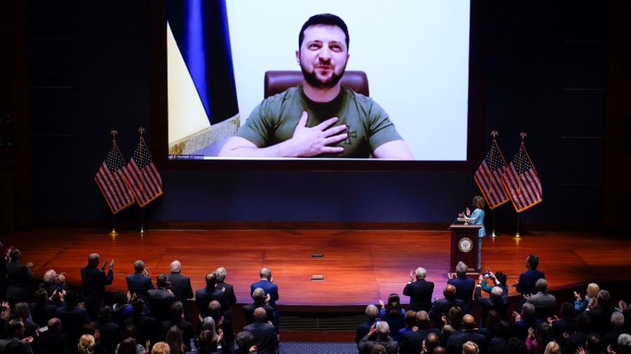 Ukrainian President Volodymyr Zelenskyy delivers a virtual address to Congress