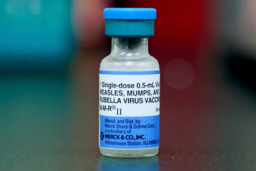 This Friday, May 17, 2019 file photo shows a vial of a measles, mumps and rubella vaccine in Mount Vernon, Ohio.