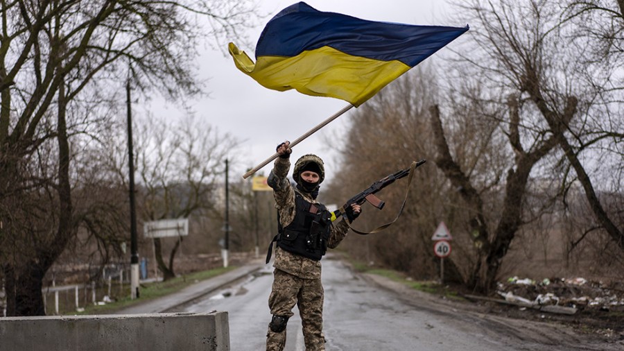 A Ukrainian soldier on the outskirts of Kyiv, Ukraine.