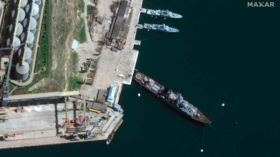 This satellite image provided by Maxar Technologies shows cruiser Moskva in port Sevastopol in Crimea