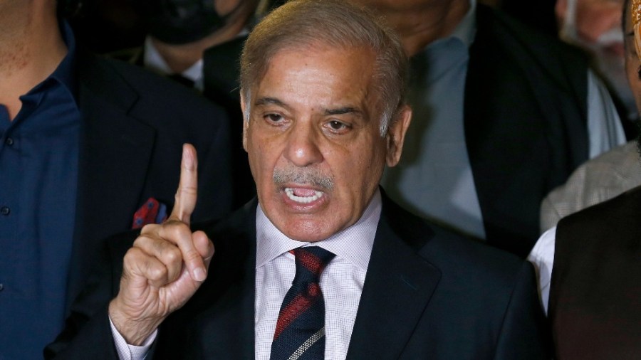 Pakistan's opposition leader Shahbaz Sharif speaks during a press conference