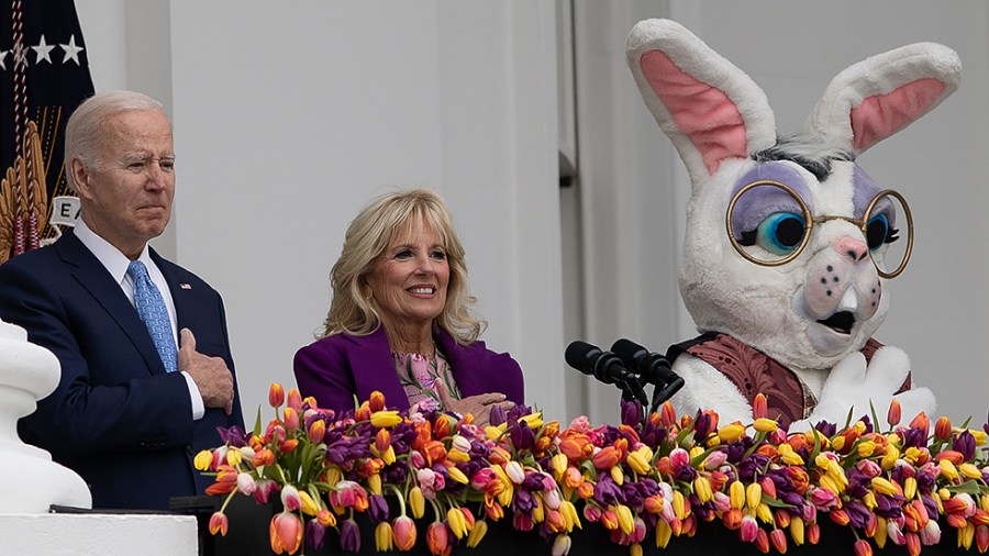 President Biden, Dr. Jill Biden and the Easter Bunny are seen during the 2022 White House Easter Egg Roll on the South Lawn of the White House in Washington, D.C., on Monday, April 18, 2022.