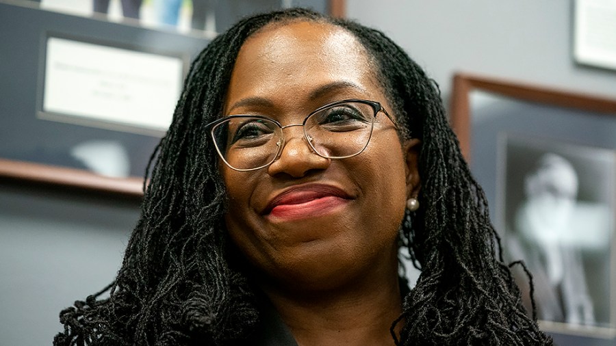 Supreme Court nominee Ketanji Brown Jackson is seen during a photo op with Sen. Sherrod Brown (D-Ohio) prior to their meeting at his office on Tuesday, April 5, 2022.