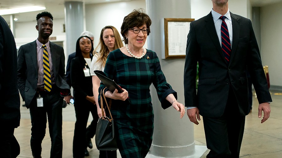 Sens. Susan Collins (R-Maine) and Tom Cotton (R-Ark.) arrive to the Capitol for procedural votes for nominations on Tuesday, April 5, 2022.