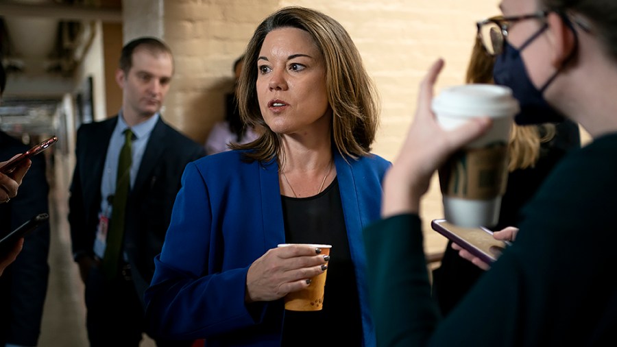 Rep. Angie Craig (D-Minn.) speaks to reporters after a closed-door House Democratic caucus meeting on Tuesday, April 5, 2022.