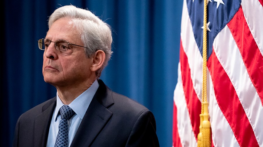 Attorney General Merrick Garland is seen during a press conference on Wednesday, April 6, 2022 at the Department of Justice in Washington, D.C., to announce enforcement actions over criminal Russian activity involving crypto currency.