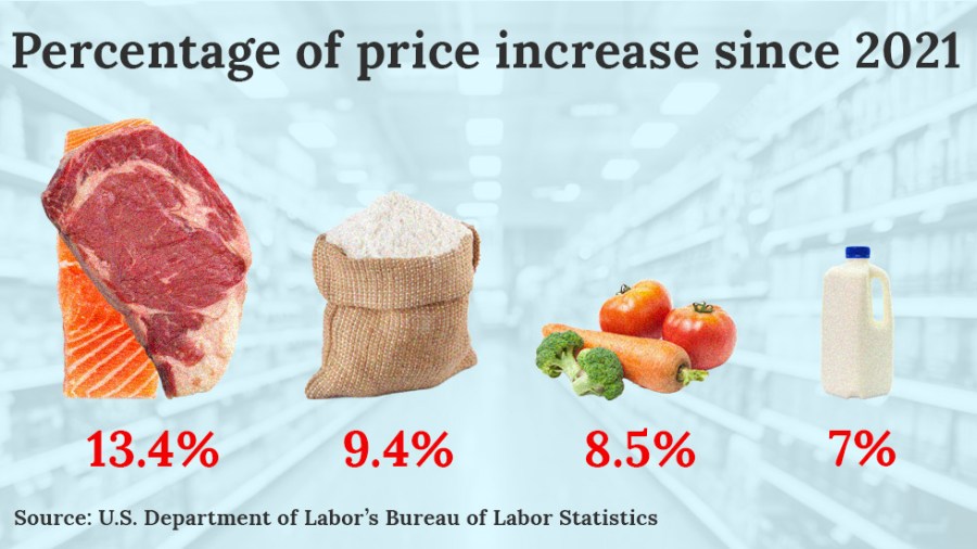 Graphic showing percentage of price increase since 2021 on fish and meat products, cereal and baking products, vegetables and fruit and dairy