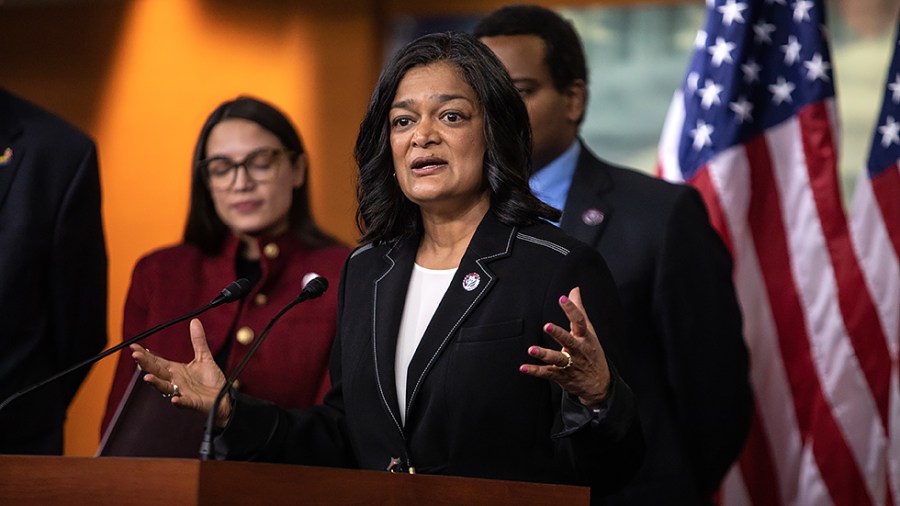 Rep. Pramila Jayapal (D-Wash.) speaks to reporters about the ethical concerns of members’ of Congress stock trading practices during a press conference on Capitol Hill in Washington, D.C., on Thursday, April 7, 2022.