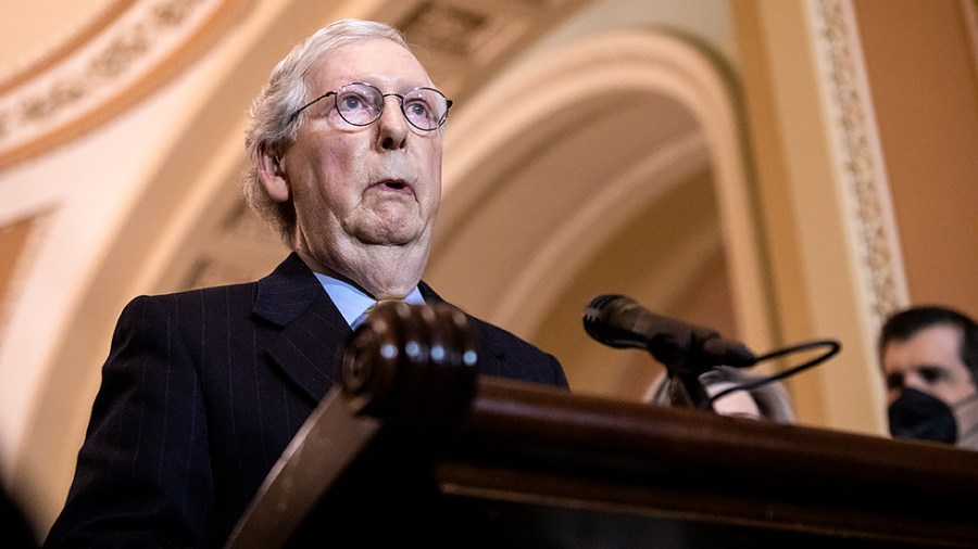 Senate Minority Leader Mitch McConnell (R-Ky.) speaks to the press