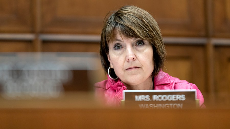 Rep. Cathy McMorris Rodgers (R-Wash.) asks questions of Secretary of Health and Human Services Xavier Becerra during a House Energy and Commerce Subcommittee on Health hearing to discuss the President’s FY 2023 budget for the department on Wednesday, April 27, 2022.