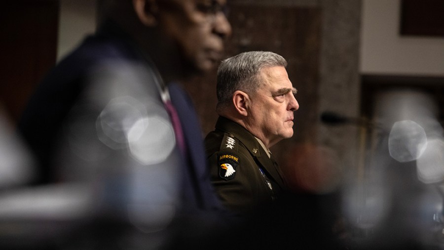 Chairman of the Joint Chiefs of Staff Mark Milley delivers his opening remarks to the Senate Armed Services Committee during a hearing held to examine the Department of Defense 2023 Fiscal Year budget and the Future Years Defense Program in the Dirksen Senate Office Building in Washington, D.C., on Thursday, April 7, 2022.