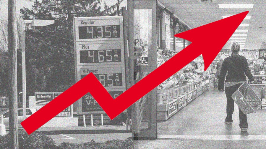 Photo illustration of black and white gas station, grocery store on a grainy background with a rising red arrow