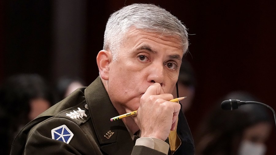 Central Security Service Chief Paul Nakasone is seen during a House Intelligence Committee hearing to discuss diversity in the intelligence community on Wednesday, October 27, 2021.