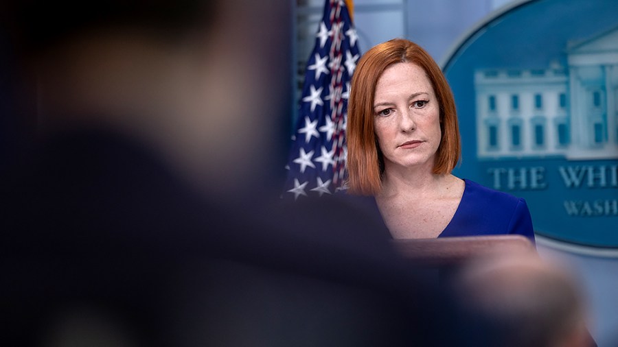 White House Press Secretary Jen Psaki during her daily press briefing at the White House on Friday, April 1, 2022. Jared Bernstein, a member of the Council of Economic Advisers, joined to discuss the economy and the March job report.