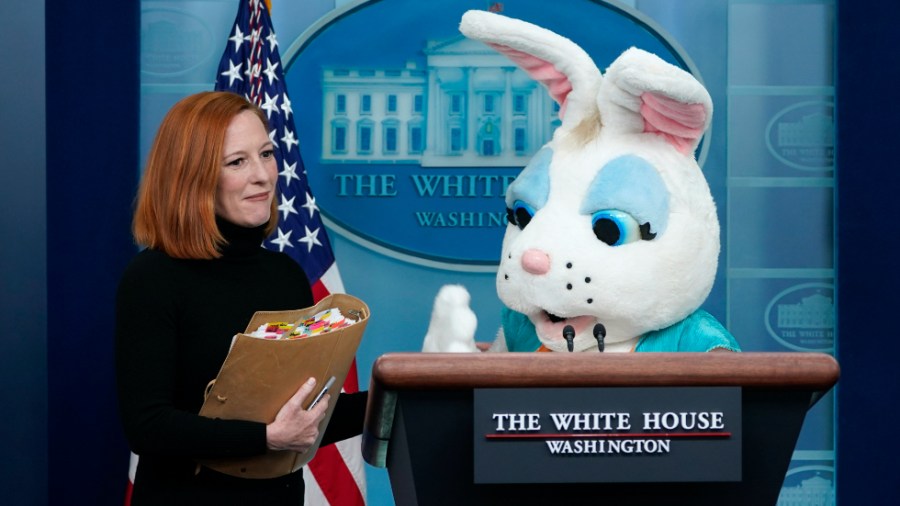 The Easter Bunny joins White House press secretary Jen Psaki at the beginning of her daily briefing 