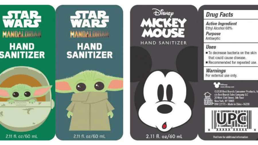 The Mandolorian Hand Sanitizer Ethyl Alcohol 68% and Mickey Mouse Hand Sanitizer Ethyl Alcohol 68% are being recalled.