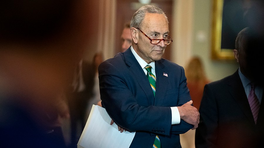 Majority Leader Charles Schumer (D-N.Y.) is seen during a press conference following the weekly policy luncheon on Tuesday, April 5, 2022.